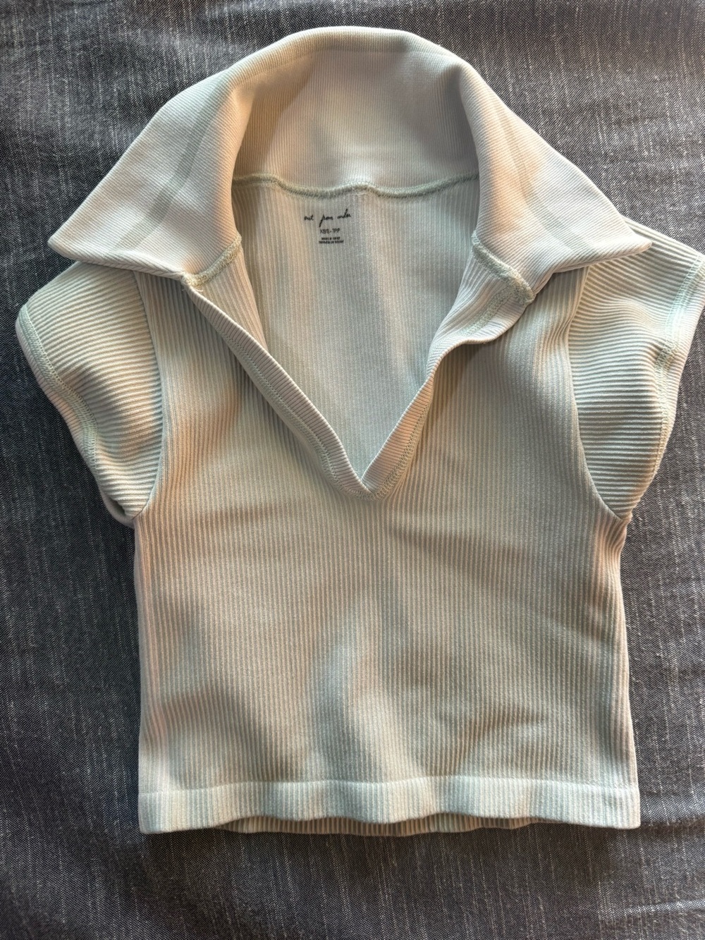 Urban Outfitters Mint Green Ribbed V-Neck Collared Short Sleeve Sweater